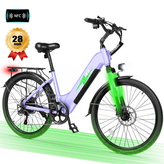 ESKUTE C200 Electric Bike for Adults, 1300W Peak Power Ebike, 28MPH Step-Thru E-Bicycle with 840Wh Removable Battery, Up to 70 Miles, 26" Tires, 7 Speed Adjustable Stem,Purple, UL2849