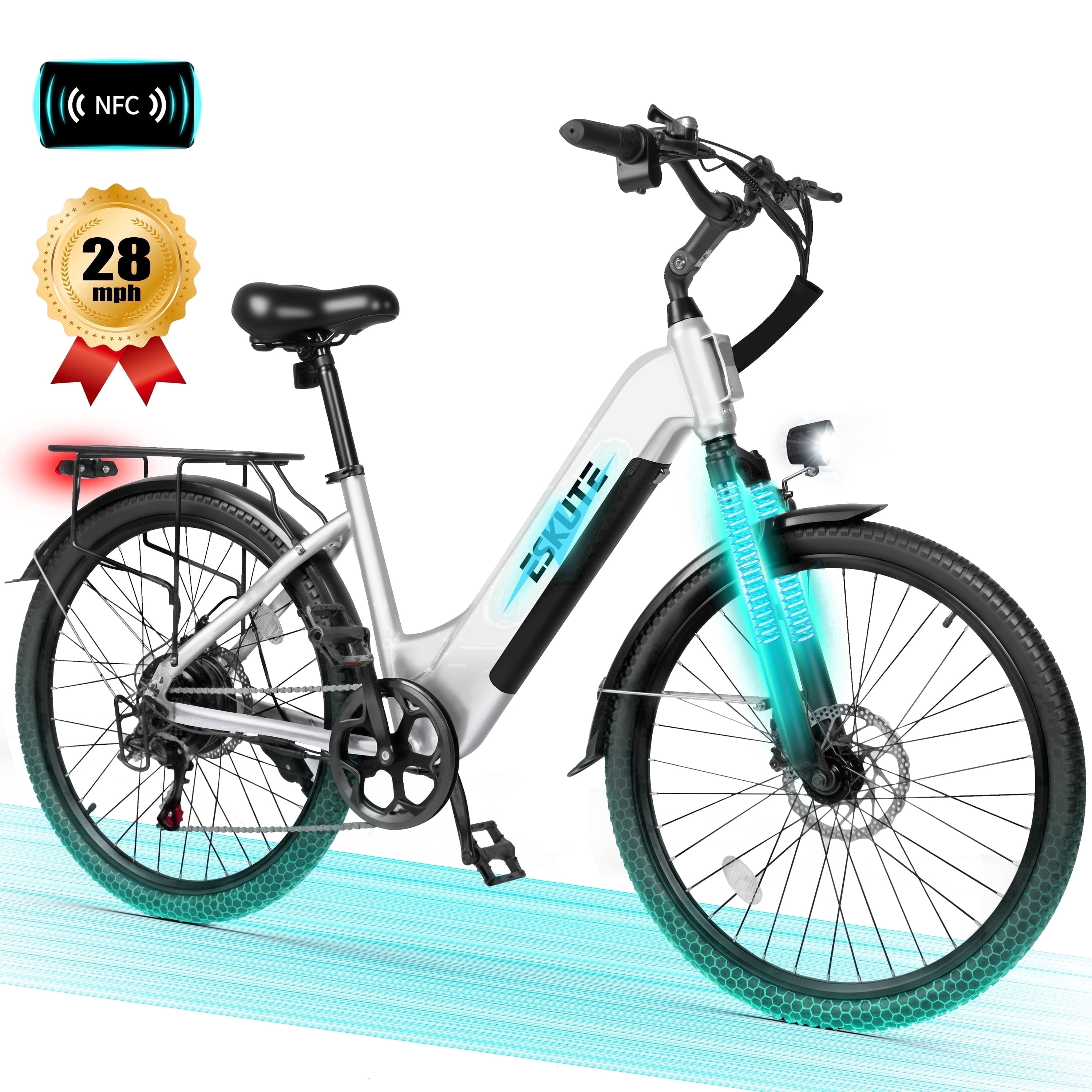 ESKUTE C200 Electric Bike for Adults, 1300W Peak Power Ebike, 28MPH Step-Thru E-Bicycle with 840Wh Removable Battery, Up to 70 Miles, 26" Tires, 7 Speed Adjustable Stem,white, UL2849