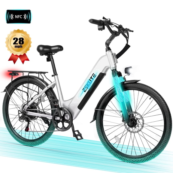 ESKUTE C200 Electric Bike for Adults, 1300W Peak Power Ebike, 28MPH Step-Thru E-Bicycle with 840Wh Removable Battery, Up to 70 Miles, 26" Tires, 7 Speed Adjustable Stem,white, UL2849