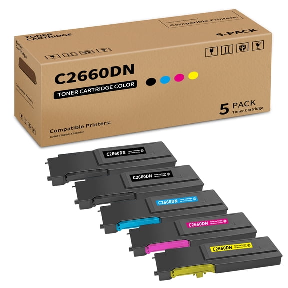 C2660DN High Yield 5 Pack Toner Cartridge Replacement for DELL Black 593-BBBU Cyan 593-BBBT Yellow 593-BBBR Magenta 593-BBBS Compatible with C2660 C2660dn C2665dnf Printer