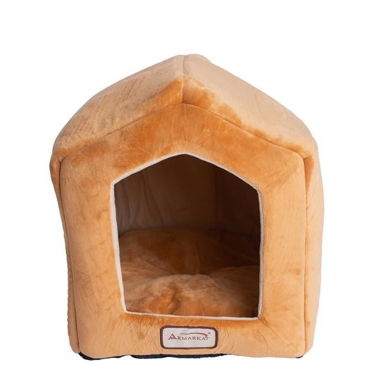 Small Beige Velvet House-Shaped Cat Bed with Fiberfill