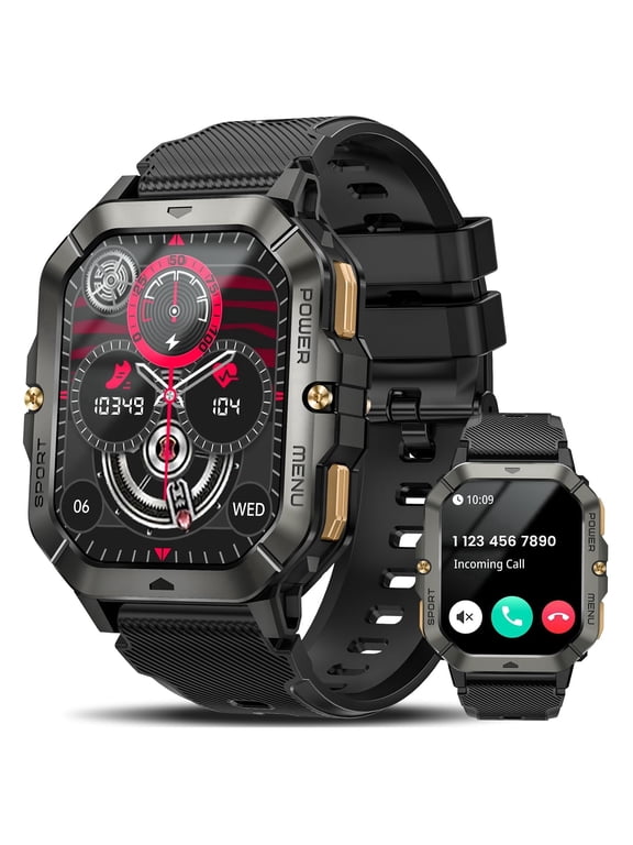 The C28 military smartwatch (can make/receive calls) is a 2.02-inch fitness smartwatch compatible with Android and Apple systems. It is a waterproof fitness tracker with body metrics/sleep monitoring