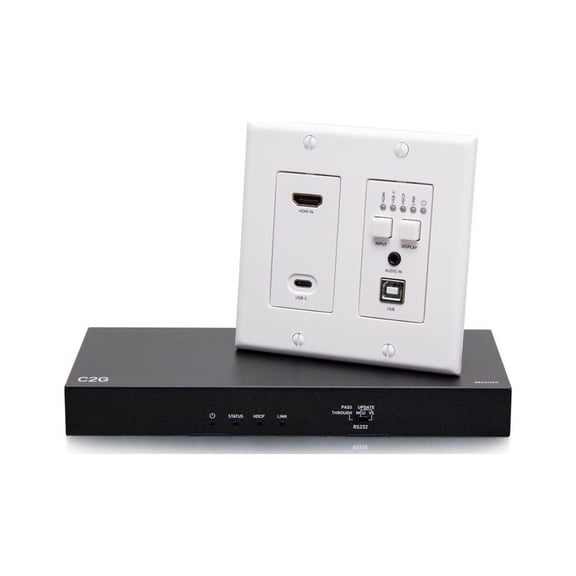 C2G C2G31011 HDMI HDBaseT + USB-C, 3.5mm, and USB-B to A over Cat Extender Wall Plate Transmitter to Box Receiver - 4K 60Hz