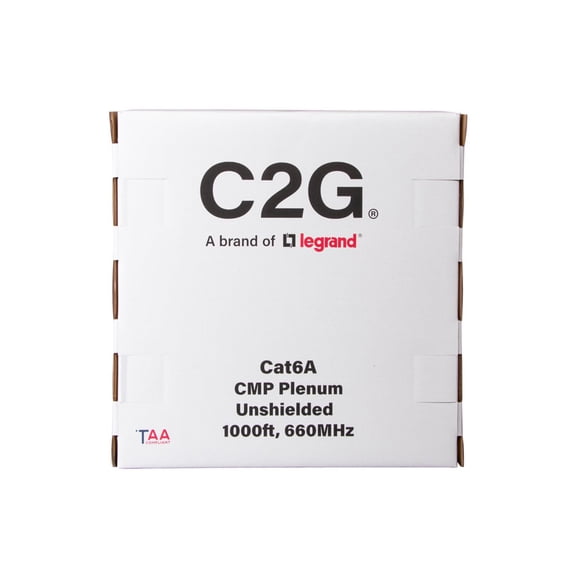 C2G 1000ft (304.8m) TAA-Compliant Cat6a Bulk Unshielded (UTP) Ethernet Network Cable with Solid Conductors-Plenum CMP-Rated - Black - Bulk cable - TAA Compliant - 1000 ft - 0.3 in - UTP - CAT 6a - CMP - solid, plenum-rated - black