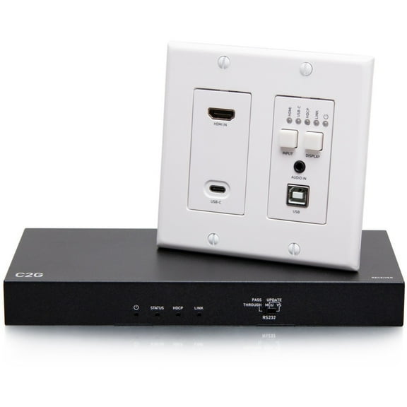 C2G HDMI HDBaseT + USB-C, 3.5mm, and USB-B to A over Cat Extender Wall Plate Transmitter to Box Receiver, 4K 60Hz