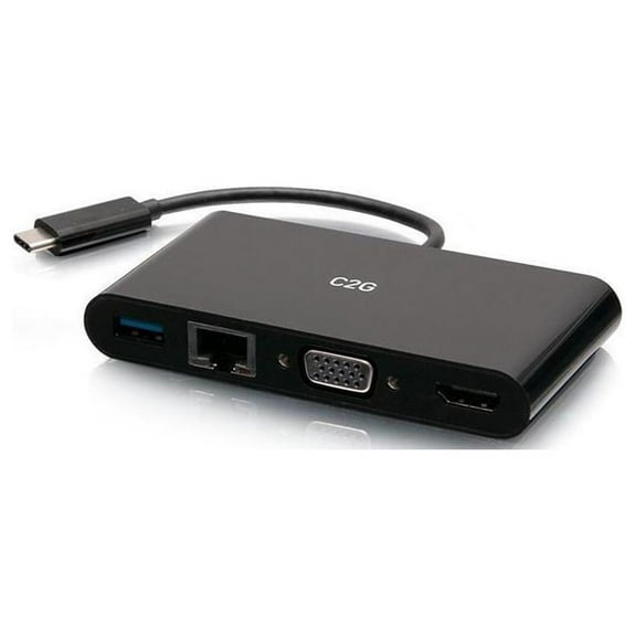 C2G USB C to HDMI, VGA, USB A, Ethernet Adapter, 4K 30Hz, Black