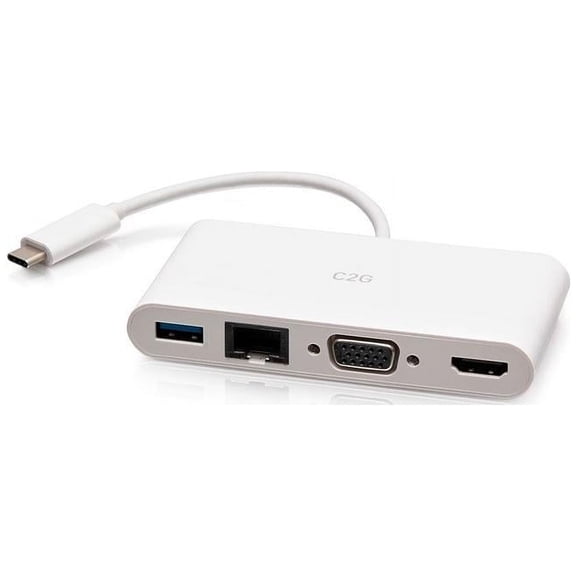 C2G USB C to HDMI, VGA, USB A & RJ45 Adapter - 4K 30Hz - White - for Notebook/Tablet PC - USB 3.1 Type C - 4K, Full HD - 3840 x 2160, 1920 x 1200 - 1 x USB 3.0 - USB Type-A - USB Type-C - 1 x RJ-4