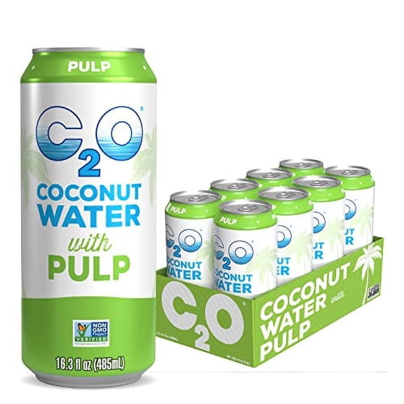 C2O The Original Coconut Water w/Nutrients & Electrolytes, Rejuvenating Plant-Based Hydration, with Pulp, 16.3oz cans (8-Pack)