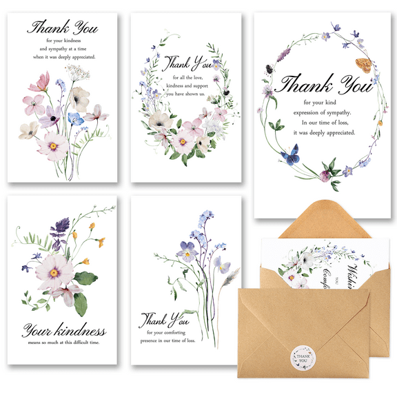 C2U 20 Pack Funeral Thank You Cards with Envelopes (4"x6") - Wildflower Sympathy Thank You Cards