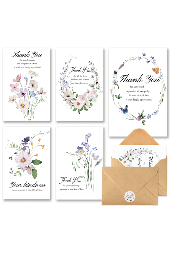 20 Pack Funeral Thank You Cards with Envelopes (4"x6") - Wildflower Sympathy Thank You Cards