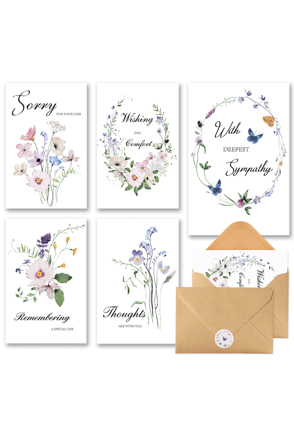 20 Pack Sympathy Cards with Envelopes (4"x6") - Condolence Cards with Thoughtful Messages & Matching Stickers