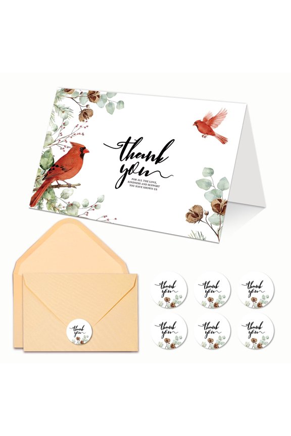 24 Pack Funeral Thank You Cards with Envelopes (4"x6") - Red Cardinal Sympathy Thank You Cards
