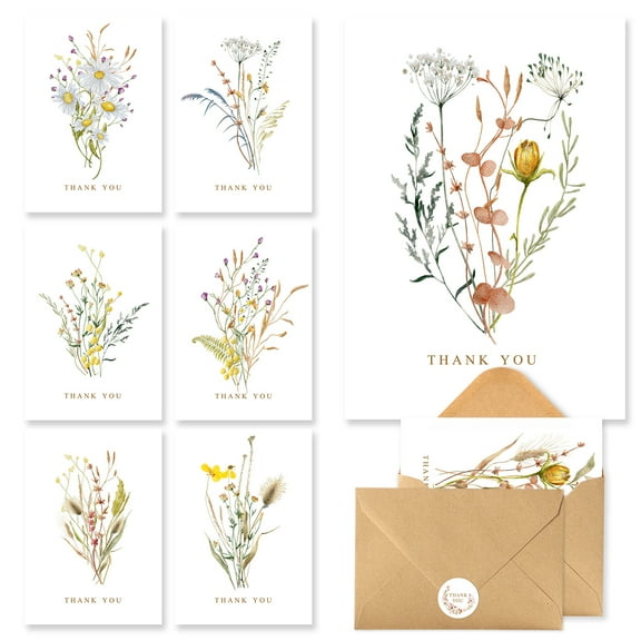 C2U 48 Pack Thank You Cards with Envelopes (4"x6") & Stickers - Floral Design for Birthday, Wedding, Bridal Showers, Baby Showers, Holidays