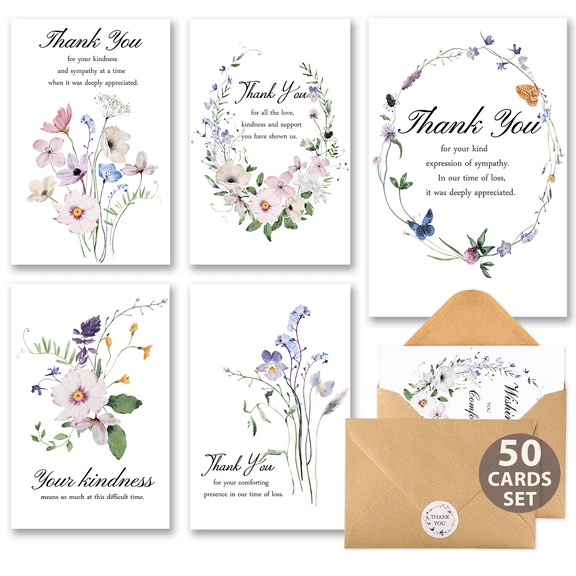 C2U 50 Pack Funeral Thank You Cards (4"x6") - Wildflower Sympathy Cards with Envelopes & Stickers