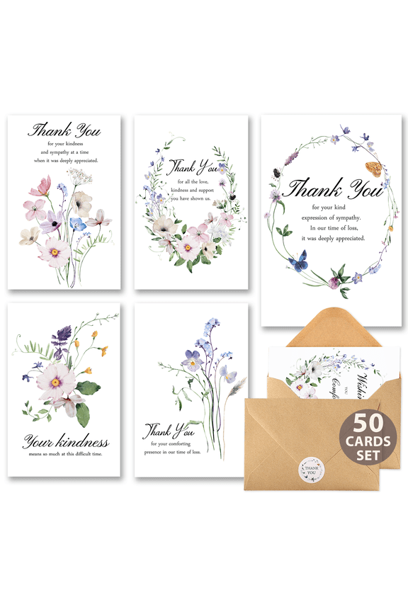 50 Pack Funeral Thank You Cards (4"x6") - Wildflower Sympathy Cards with Envelopes & Stickers