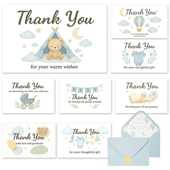 C2U Baby Shower Thank You Cards for Boy - 24 pack with Envelopes & Gold Stickers,Baby Shower Greeting Cards Bulk for Newborn Party