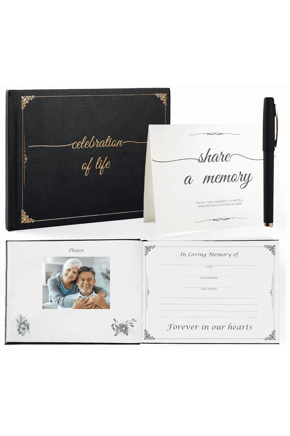 Celebration of Life Funeral Sign in Guest Book - 100 Page Memorial Service Book with Gold Foil Embossing, Pen, & Table Sign