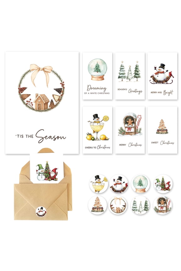 Christmas Cards with Envelopes & Stickers – 24 pack 4"x6" Rustic Holiday Greeting Card Set with 8 Festive Designs for Family, Friends, and Teachers
