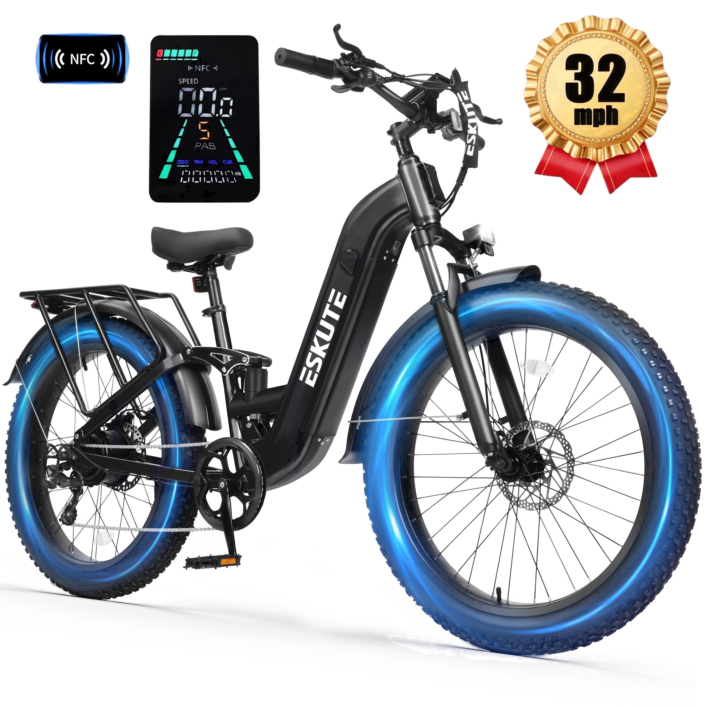 ESKUTE C300 1500W Electric Bike for Adults, 48V 20.8Ah Battery, 32MPH, 80 Miles Range, 26"x4.0" Fat Tire Step-Thru Ebike, Full Suspension Electric Bicycle, 8-Speed Black, UL2849