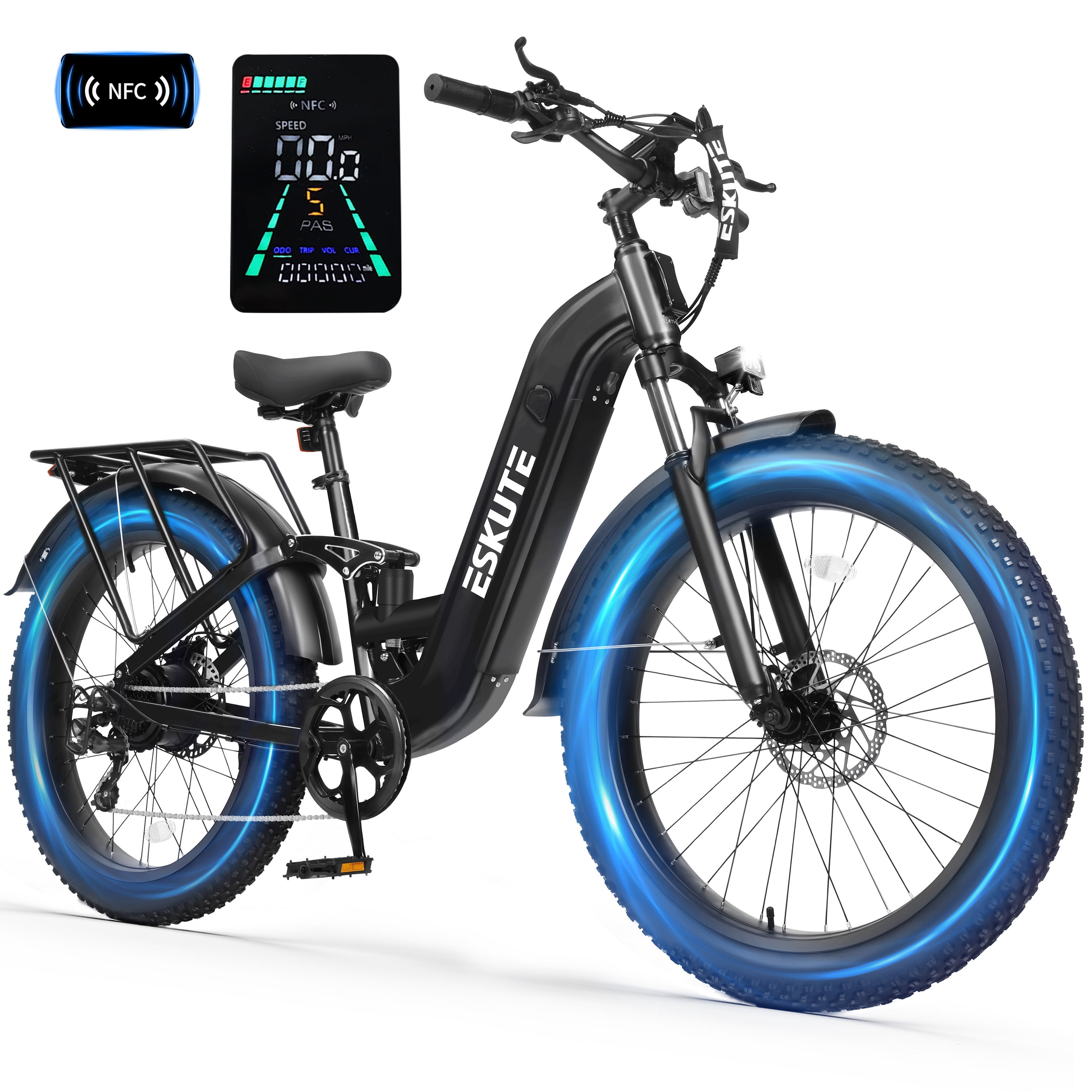 ESKUTE C300 750W Electric Bike for Adults, 48V 20.8Ah Battery, 20MPH, 80 Miles Range, 26"x4.0" Fat Tire Step-Thru Ebike, Full Suspension Electric Bicycle, 8-Speed Black, UL2849