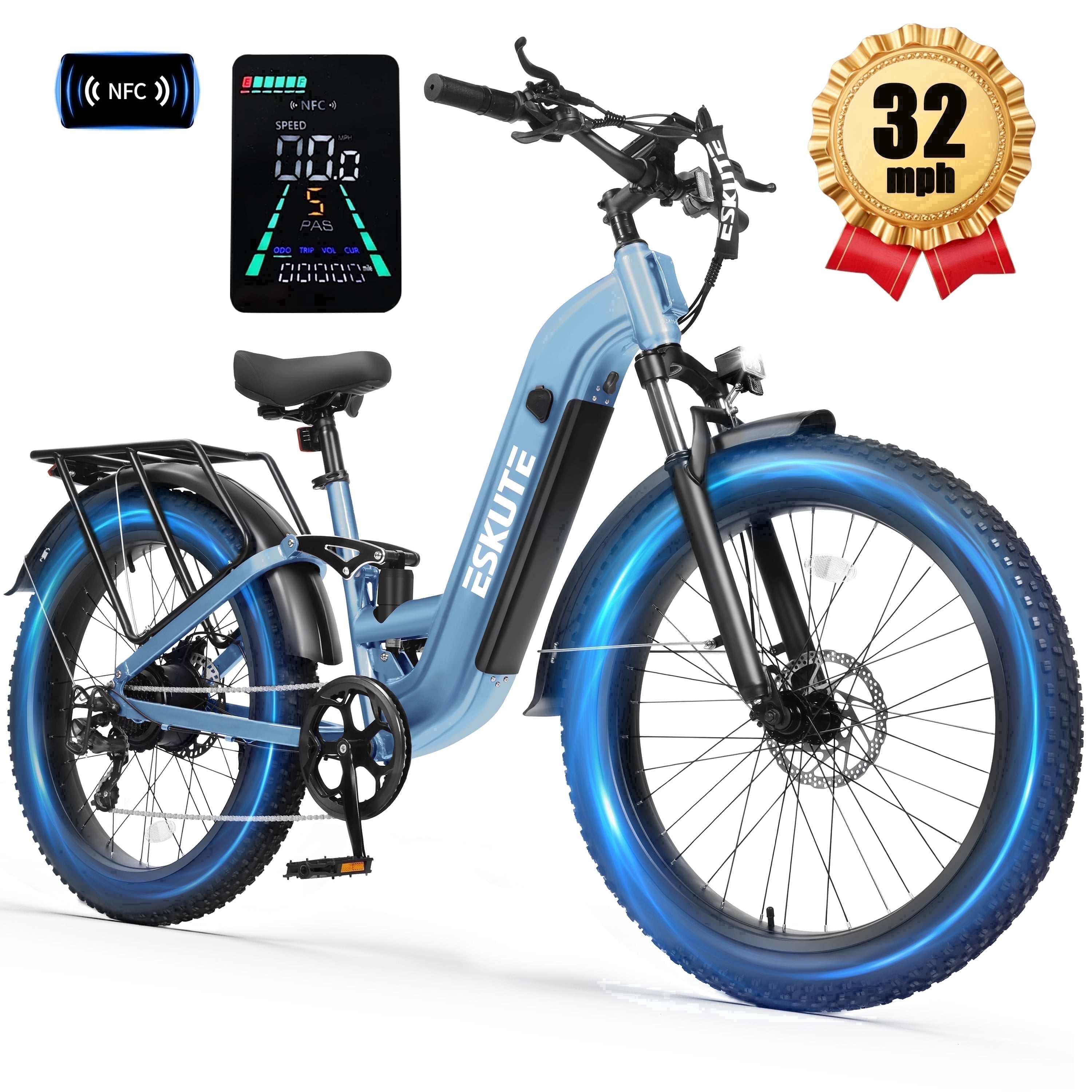 ESKUTE C300 1500W Electric Bike for Adults, 48V 20.8Ah Battery, 32MPH, 80 Miles Range, 26"x4.0" Fat Tire Step-Thru Ebike, Full Suspension Electric Bicycle, 8-Speed Blue, UL2849