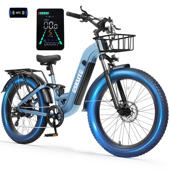 ESKUTE C300 750W Electric Bike for Adults, 48V 20.8Ah Battery, 20MPH, 26"x4.0" Fat Tire Step-Thru Ebike, Full Suspension Electric Bicycle, 8-Speed Blue, With Front Basket, UL2849