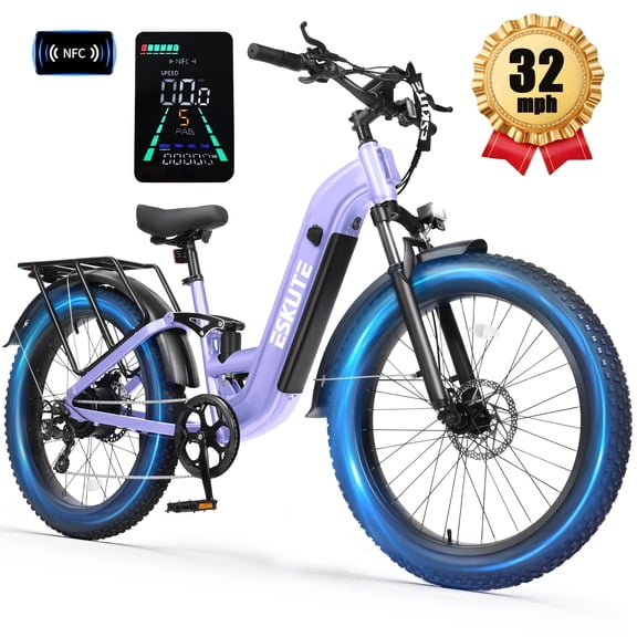 ESKUTE C300 1500W Electric Bike for Adults, 48V 20.8Ah Battery, 32MPH, 80 Miles Range, 26"x4.0" Fat Tire Step-Thru Ebike, Full Suspension Electric Bicycle, 8-Speed Purple, UL2849