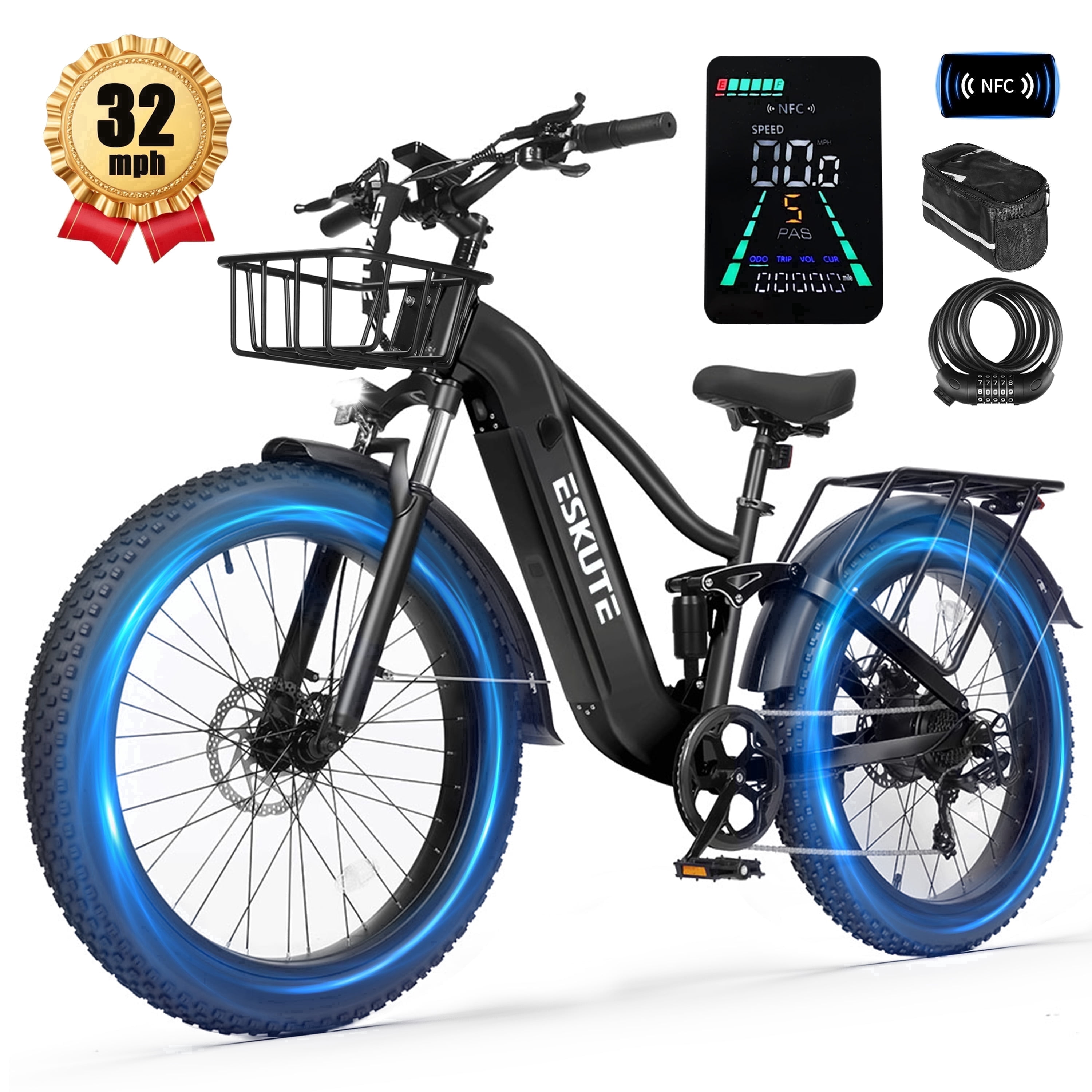 ESKUTE C300 Electric Bike for Adults, 1500W Peak Motor, 32MPH Fast Ebike, 48V 20.8Ah Battery Up to 80 Miles, 26"x4.0" Fat Tire, Full Suspension, 8-Speed Black, With Bag & Lock & Front Basket, UL2849