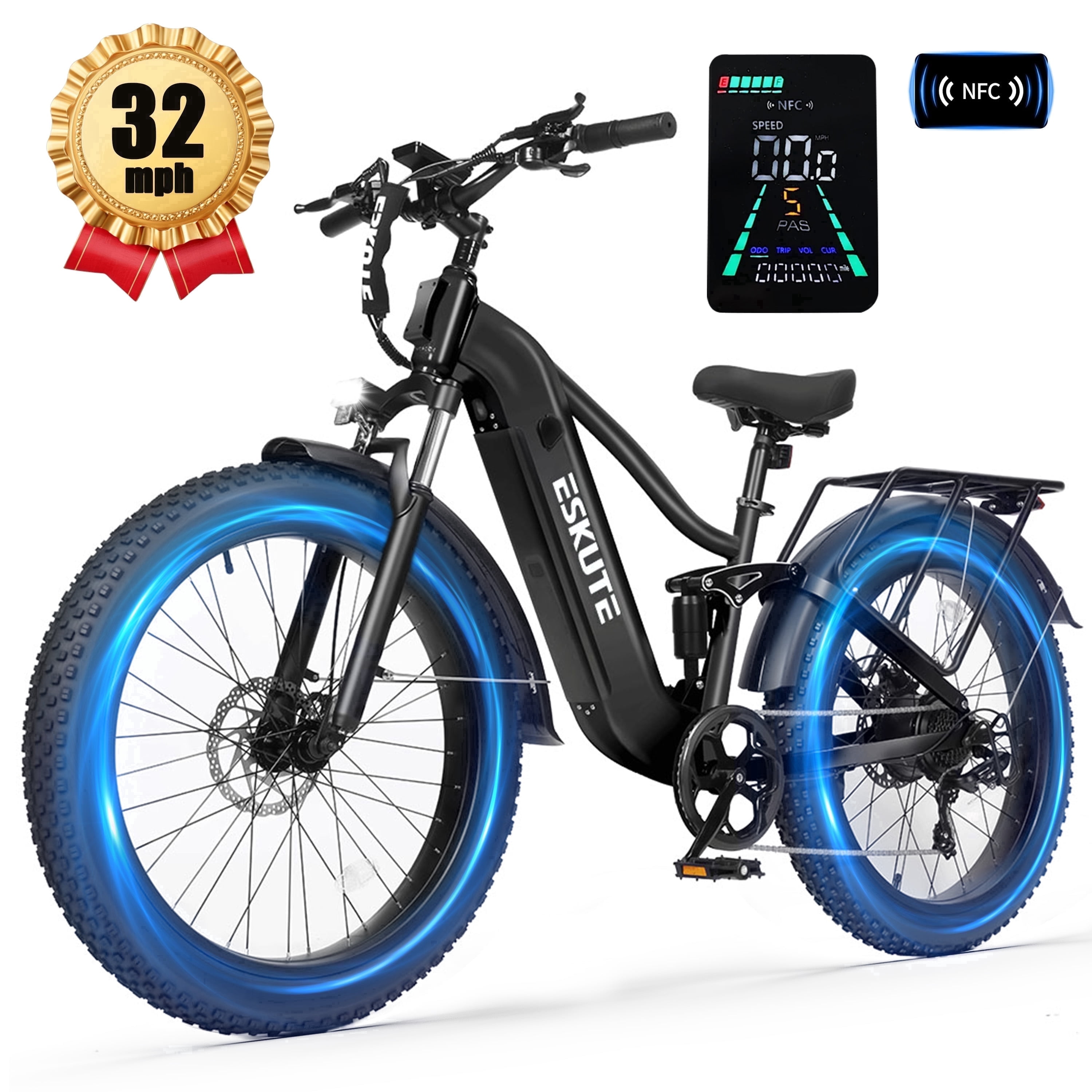 ESKUTE C300 Electric Bike for Adults, 1500W Peak Motor, 32MPH Fast Ebike, 48V 20.8Ah Battery Up to 80 Miles, 26"x4.0" Fat Tire, Full Suspension, 8-Speed Black, UL2849