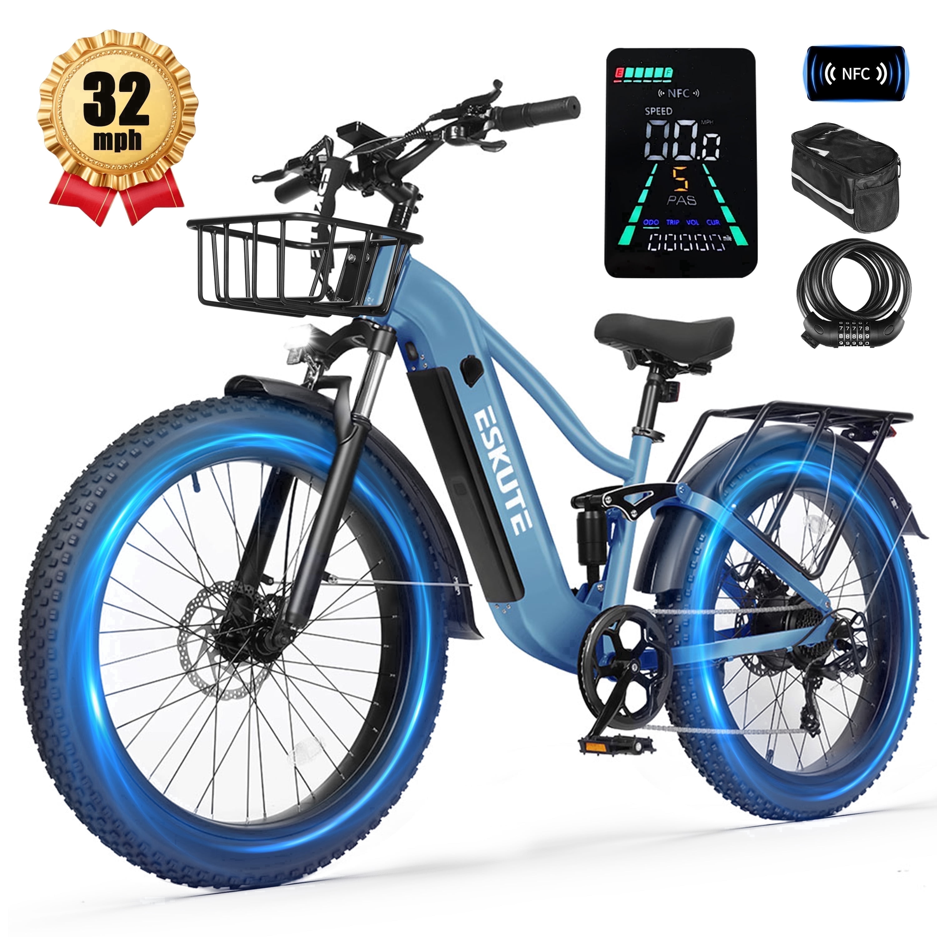 ESKUTE C300 Electric Bike for Adults, 1500W Peak Motor, 32MPH Fast Ebike, 48V 20.8Ah Battery Up to 80 Miles, 26"x4.0" Fat Tire, Full Suspension, 8-Speed Blue, With Bag & Lock & Front Basket, UL2849