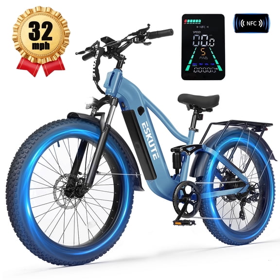 ESKUTE C300 Electric Bike for Adults, 1500W Peak Motor, 32MPH Fast Ebike, 48V 20.8Ah Battery Up to 80 Miles, 26"x4.0" Fat Tire, Full Suspension, 8-Speed Blue, UL2849