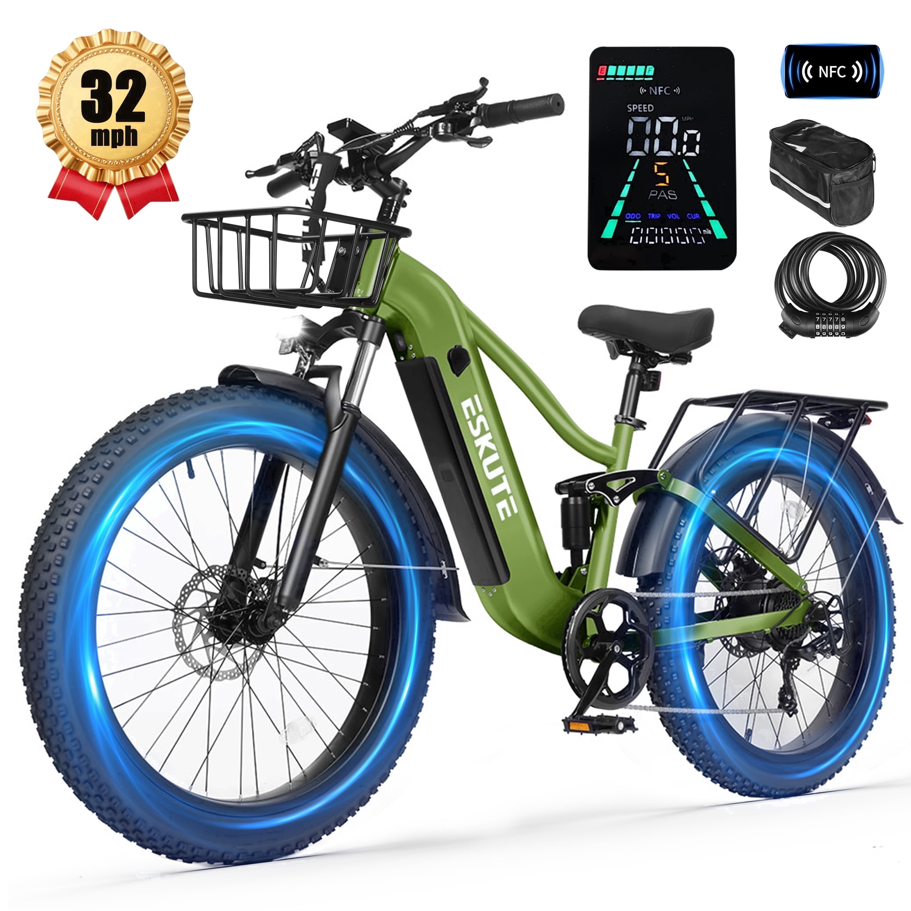 ESKUTE C300 Electric Bike for Adults, 1500W Peak Motor, 32MPH Fast Ebike, 48V 20.8Ah Battery Up to 80 Miles, 26"x4.0" Fat Tire, Full Suspension, 8-Speed Green, With Bag & Lock & Front Basket, UL2849