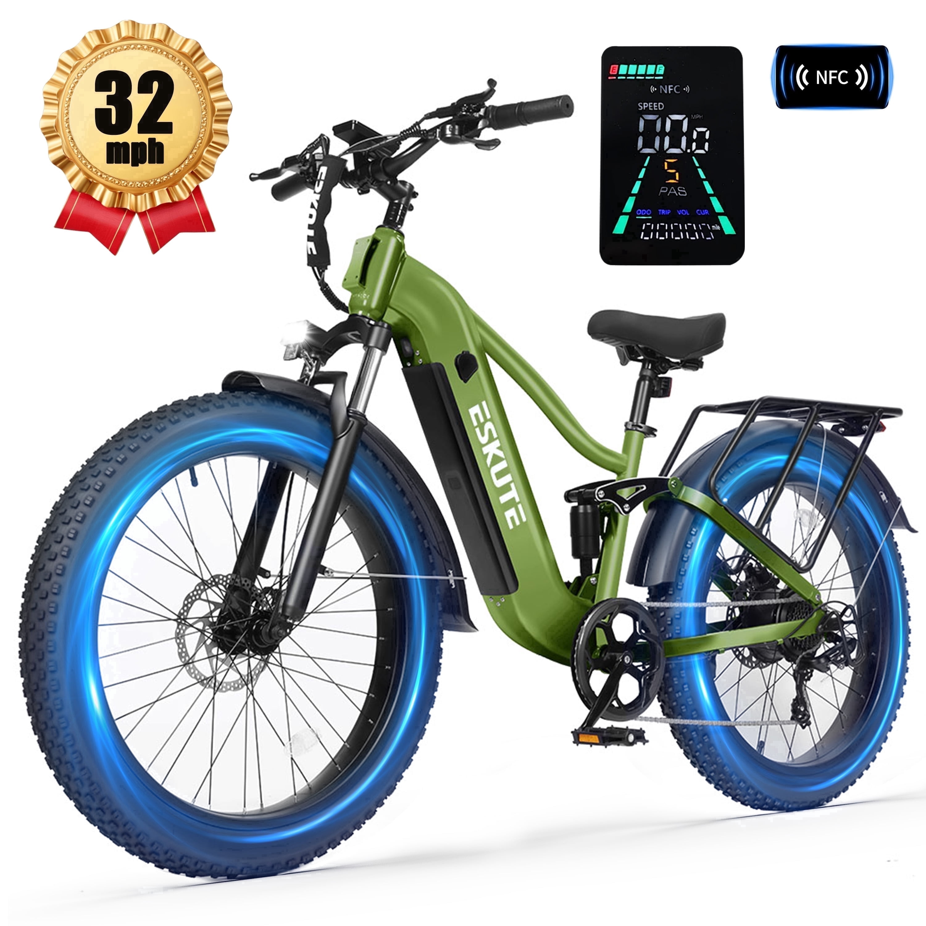 ESKUTE C300 Electric Bike for Adults, 1500W Peak Motor, 32MPH Fast Ebike, 48V 20.8Ah Battery Up to 80 Miles, 26"x4.0" Fat Tire, Full Suspension, 8-Speed Green, UL2849