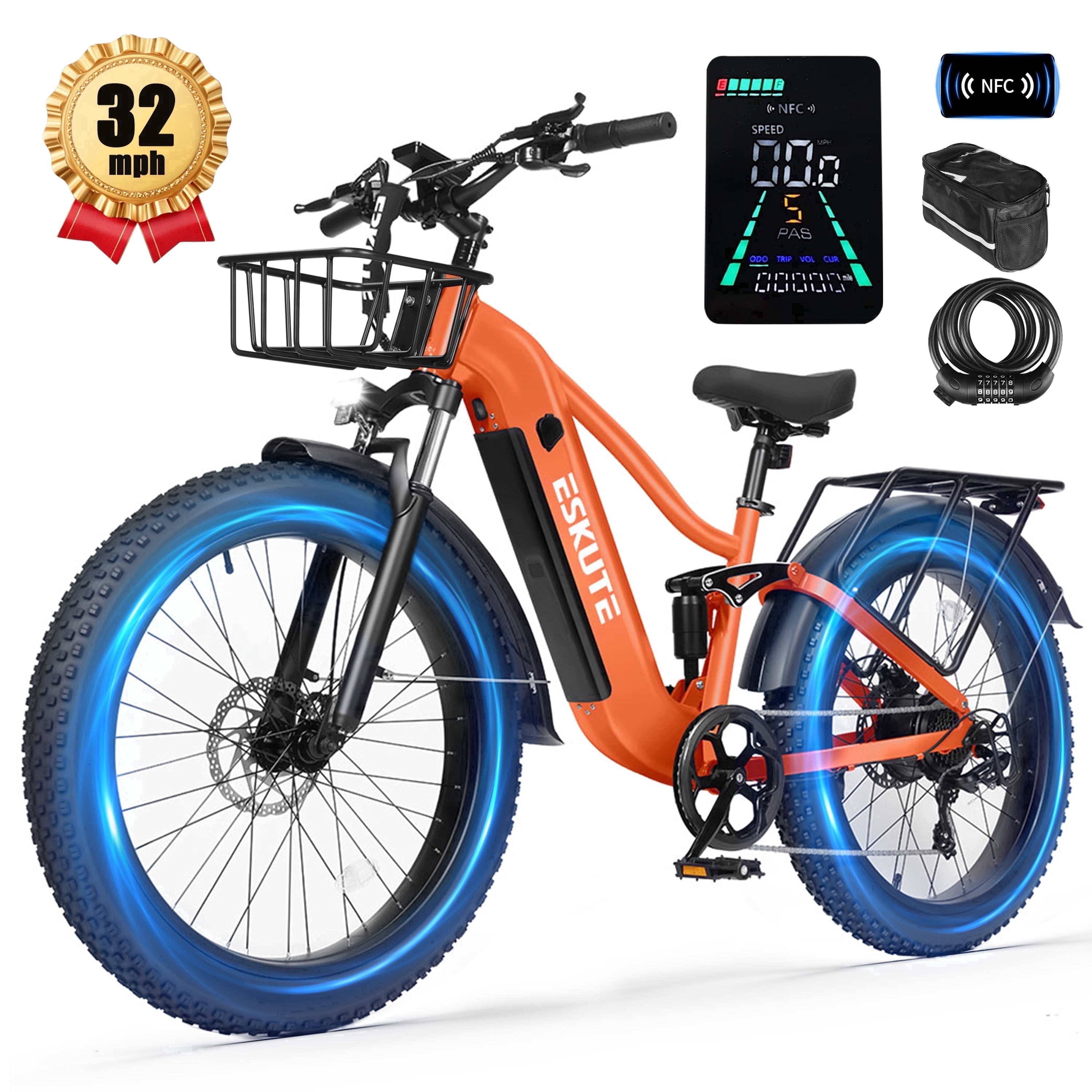 ESKUTE C300 Electric Bike for Adults, 1500W Peak Motor, 32MPH Fast Ebike, 48V 20.8Ah Battery Up to 80 Miles, 26"x4.0" Fat Tire, Full Suspension, 8-Speed Orange, With Bag & Lock & Front Basket, UL2849