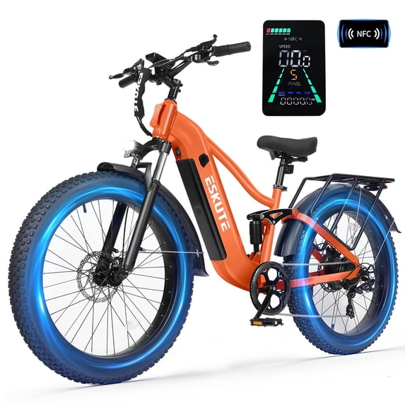 ESKUTE C300 Electric Bike for Adults, 750W Peak Motor, 20MPH Fast Ebike, 48V 20.8Ah Battery Up to 80 Miles, 26"x4.0" Fat Tire, Full Suspension, 8-Speed Orange, UL2849