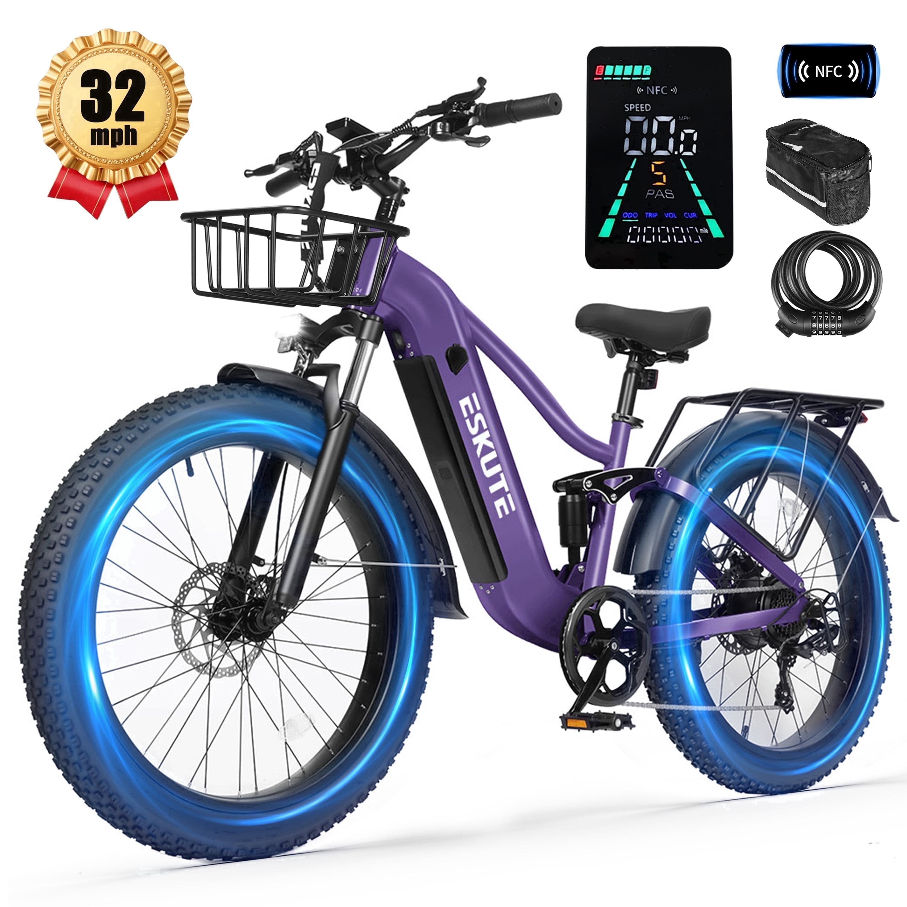 ESKUTE C300 Electric Bike for Adults, 1500W Peak Motor, 32MPH Fast Ebike, 48V 20.8Ah Battery Up to 80 Miles, 26"x4.0" Fat Tire, Full Suspension, 8-Speed Purple, With Bag & Lock & front Basket, UL2849