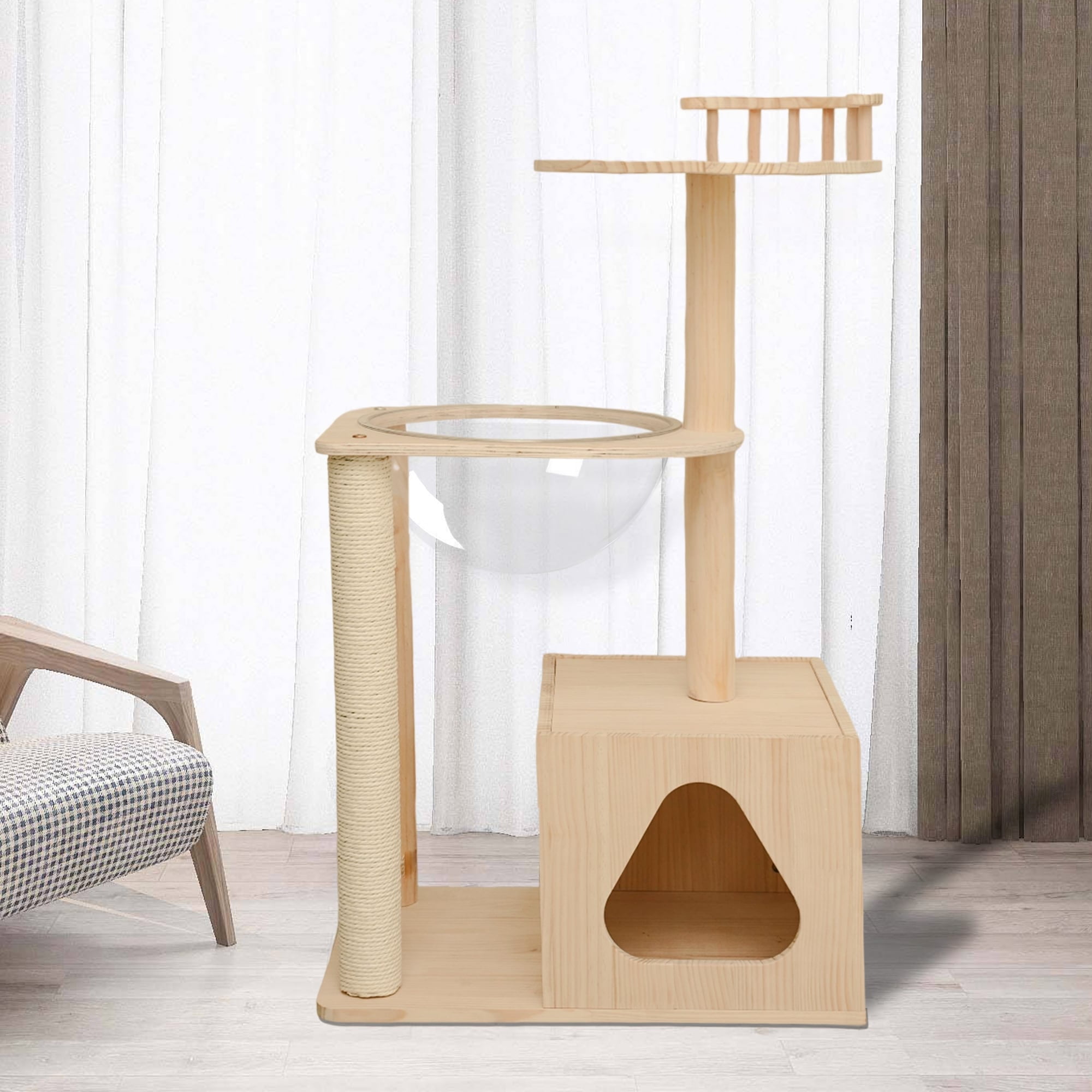 Natural Solid Wood Cat Tower with Space Capsule Nest