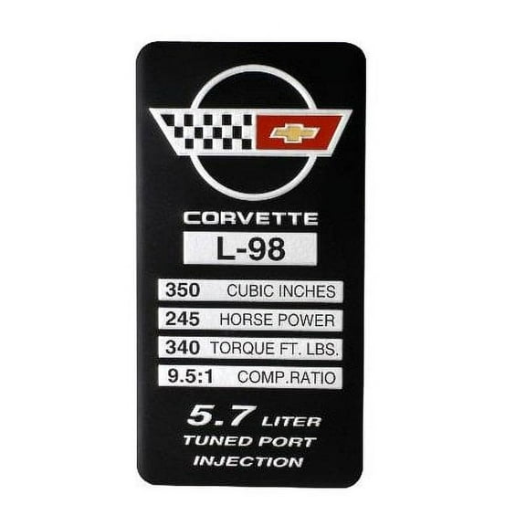 C4 Corvette 1988-1989 L98, 245 HP, 340 TQ Engine ID Spec Metal Data Plate Emblem