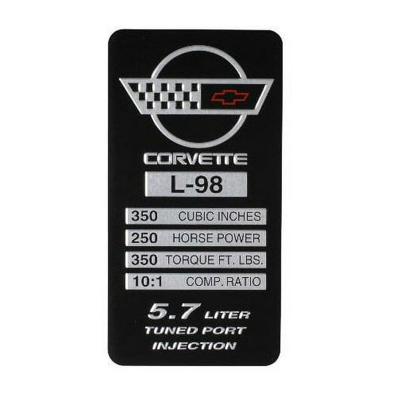 C4 Corvette 1991 L98, 250 HP, 350 TQ Engine ID Spec Metal Data Plate Emblem