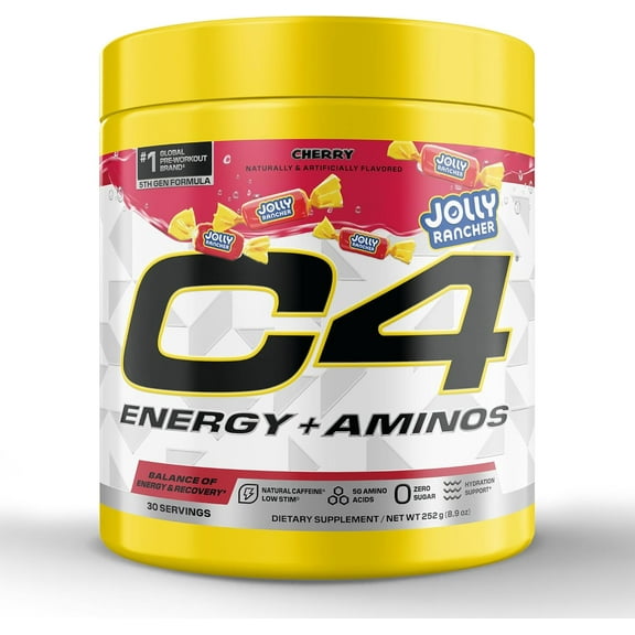 C4 Energy + Aminos Pre Workout Powder, 5g BCAAs & EAAs, Zero Sugar, Jolly Rancher Cherry, 30 Servings