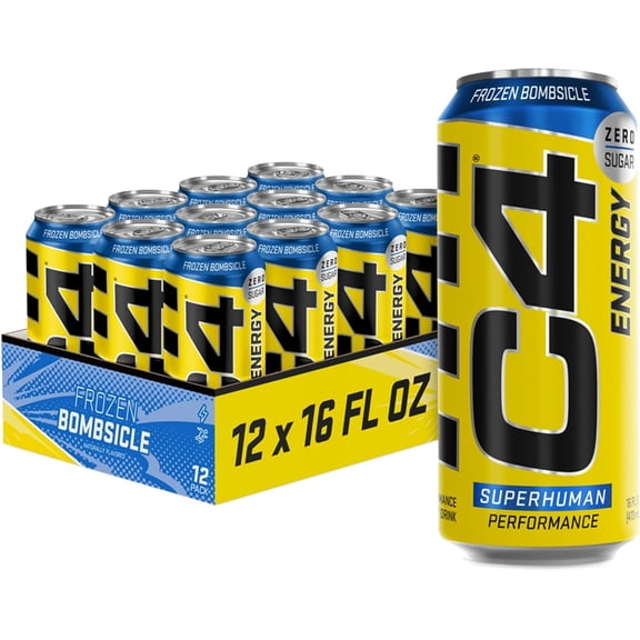 C4 Energy Drink 16oz (Pack of 12) - Frozen Bombsicle - Sugar Free Pre Workout Performance Drink with No Artificial Colors or Dyes