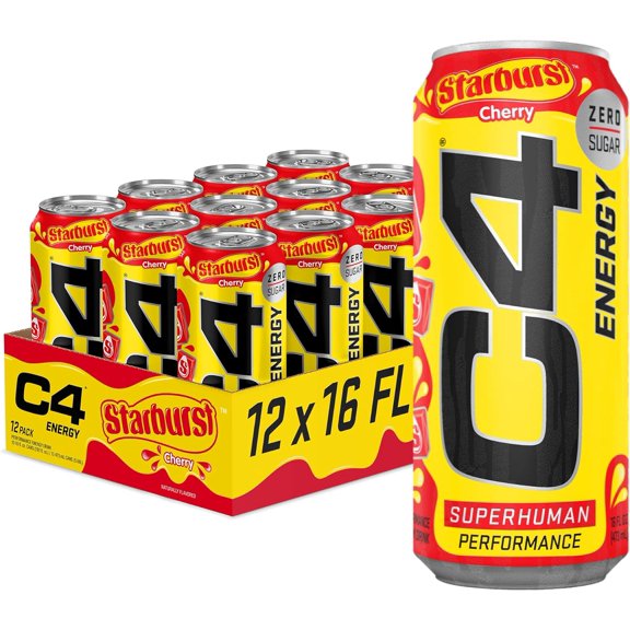 C4 Energy Drink, Starburst Cherry, Sugar Free, Carbonated Pre Workout Drink, 16 oz, 12 pack