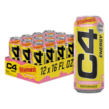C4 Energy Drink, Starburst Strawberry, Sugar Free, Carbonated Pre Workout Drink, 16 oz, 12 pack