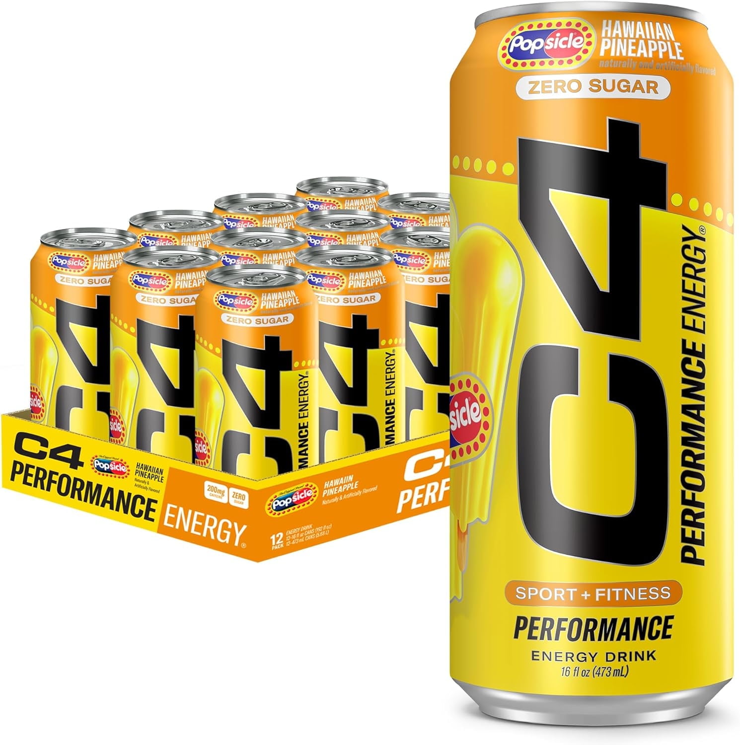 C4 Energy Drink x Hawaiian Pineapple Popsicle, 16 Oz, Pack of 12