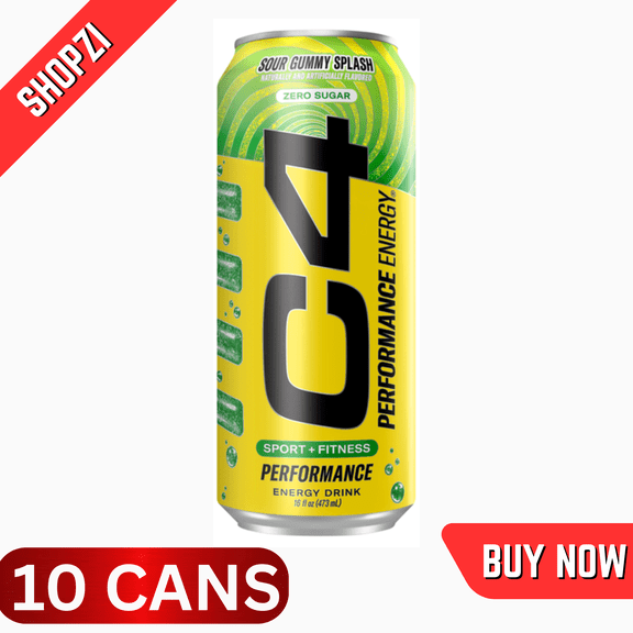 C4 Energy Performance Carbonated Drink, Sour Gummy Splash, 10 Pack (16 fl oz Cans), SugarFree PreWorkout Energy Beverage