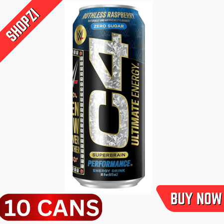 C4 Energy Ultimate Carbonated Drink, Ruthless Raspberry, 10 Pack (16 oz Cans), Sugar-Free Pre-Workout Performance Energy Beverage