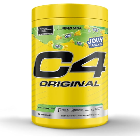 C4 Original Pre Workout Powder, 200mg Caffeine Energy Formula with Beta Alanine & Creatine for Endurance, Focus & Performance, Preworkout for Men & Women JOLLY RANCHER Green Apple, 50 Servings