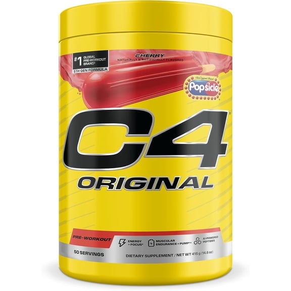 C4 Original Pre Workout Powder, 200mg Caffeine Energy Formula with Beta Alanine & Creatine for Endurance, Focus & Performance, Zero Sugar Preworkout for Men & Women POPSICLE Cherry, 50 Servings