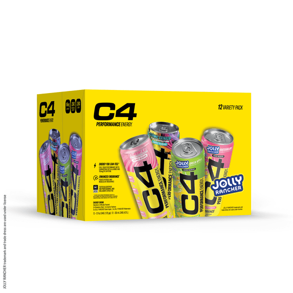 C4 Performance Energy Drink, Jolly Rancher & Candy Variety Pack, Strawberry Blast, Watermelon, Green Apple, & Cosmic Rainbow, 12 fl oz Cans, 12 Pack