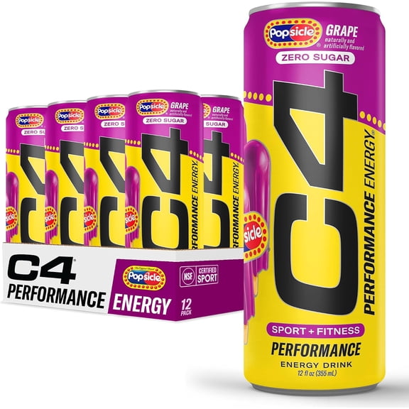 C4 Performance Energy Drink, Grape Popsicle, Zero Sugar Carbonated Preworkout Energy, 150mg Caffeine with Beta Alanine, 12 Fl Oz (12 Pack)
